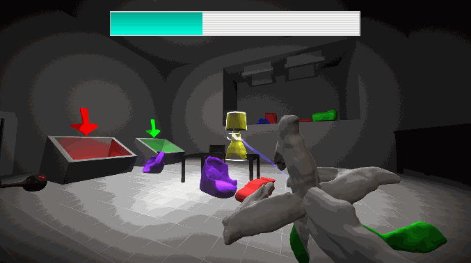 A Contraption is held in the bottom right of the screen, emitting a beam towards a yellow lamp atop a brown table. The Floor of the Room is littered with coloured shapes, some resembling objects, others just amorphous blobs. In the left, there are coloured chutes with arrows pointing down into them. At the top of the screen, a progress bar, roughly one third full.